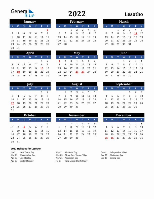 2022 Lesotho Holiday Calendar