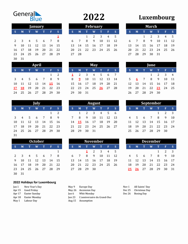 2022 Luxembourg Holiday Calendar