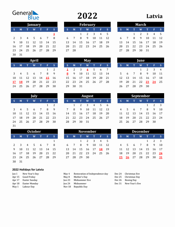 2022 Latvia Holiday Calendar