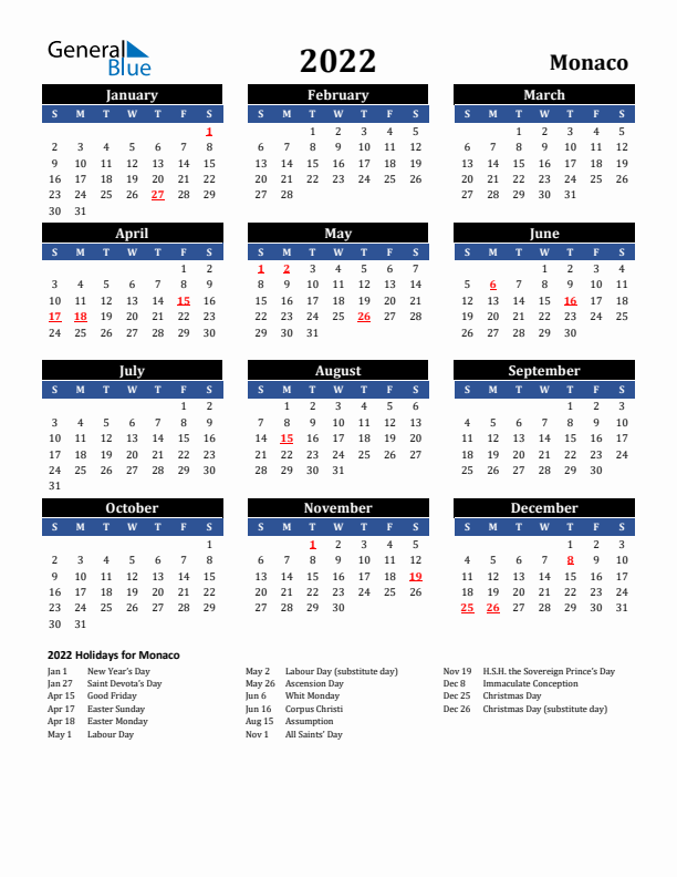 2022 Monaco Holiday Calendar