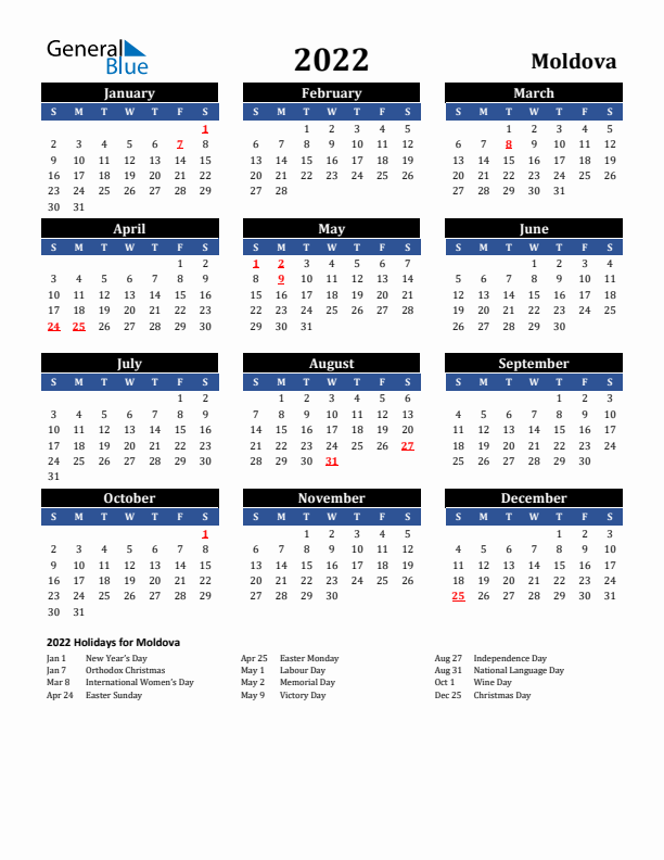 2022 Moldova Holiday Calendar