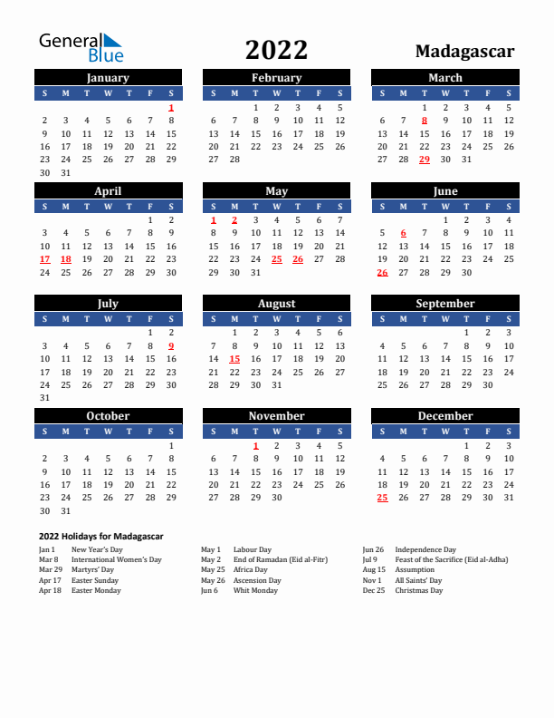 2022 Madagascar Holiday Calendar