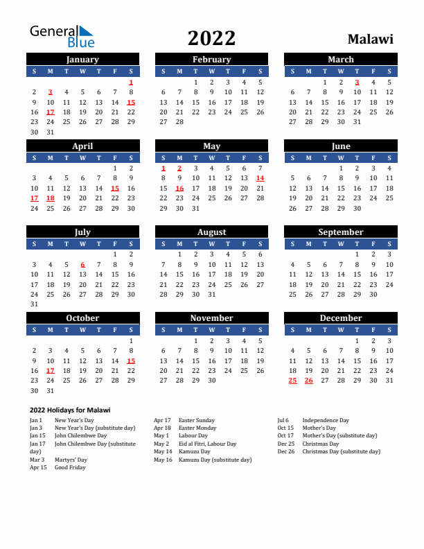 2022 Malawi Holiday Calendar