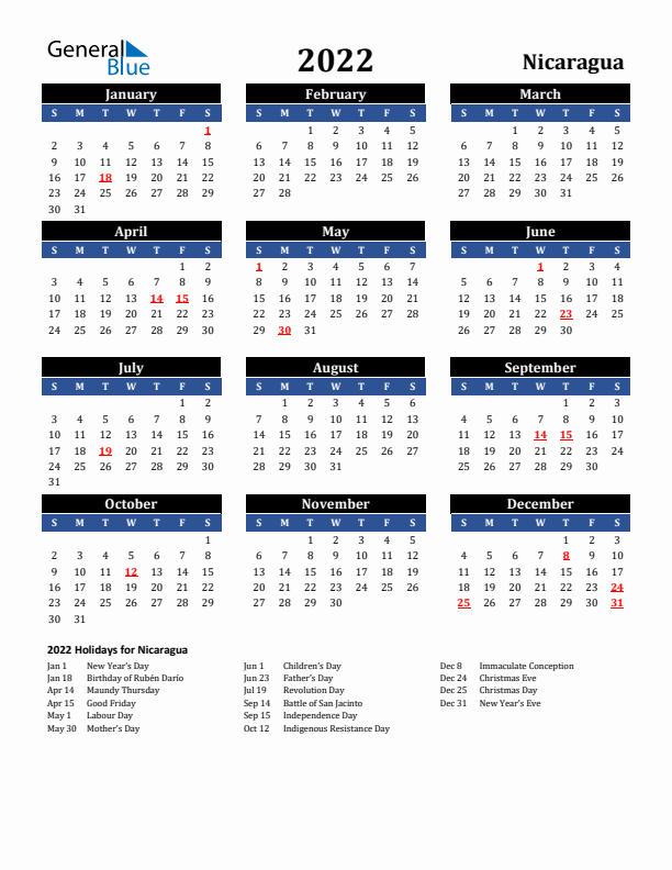 2022 Nicaragua Holiday Calendar