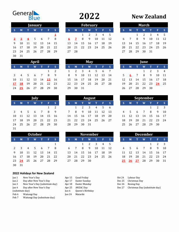 2022 New Zealand Holiday Calendar