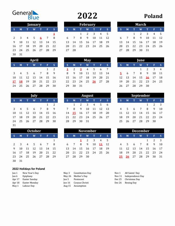 2022 Poland Holiday Calendar