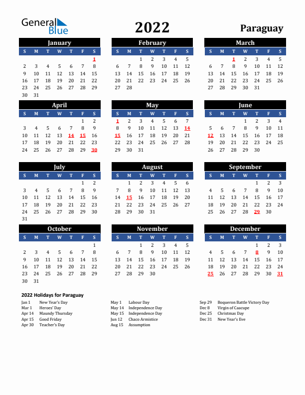 2022 Paraguay Holiday Calendar