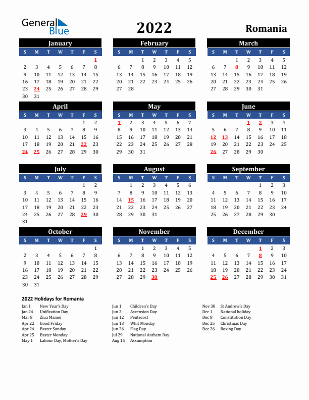 2022 Romania Holiday Calendar