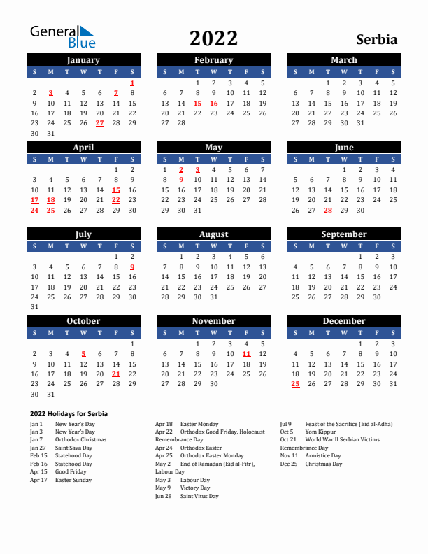 2022 Serbia Holiday Calendar