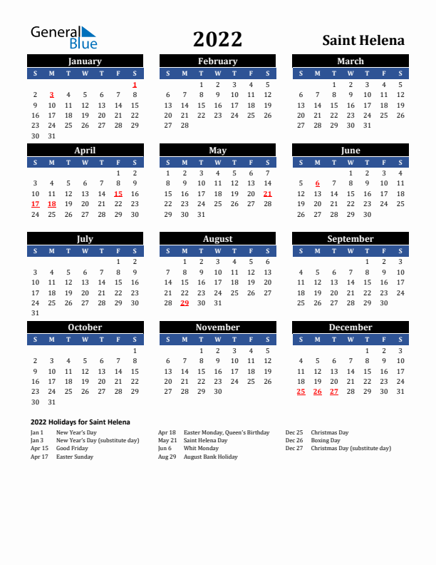 2022 Saint Helena Holiday Calendar