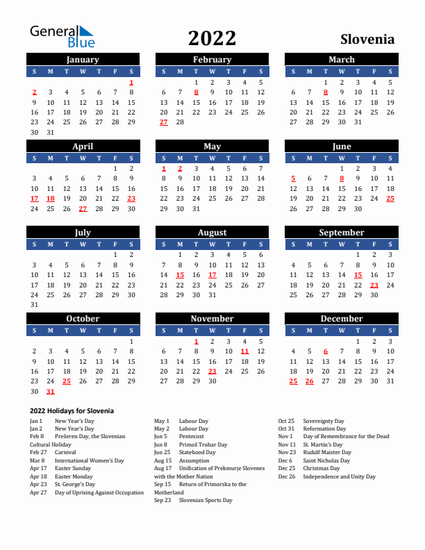 2022 Slovenia Holiday Calendar