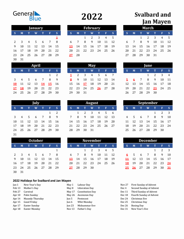 2022 Svalbard and Jan Mayen Holiday Calendar