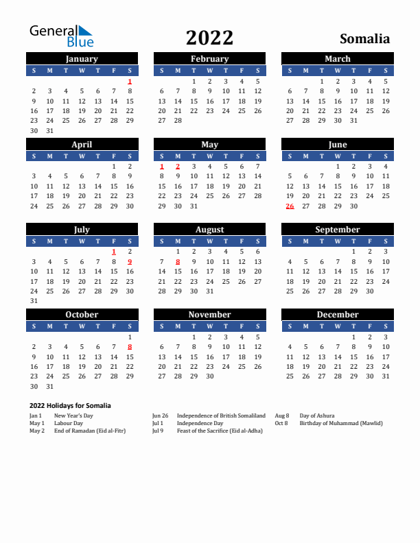 2022 Somalia Holiday Calendar