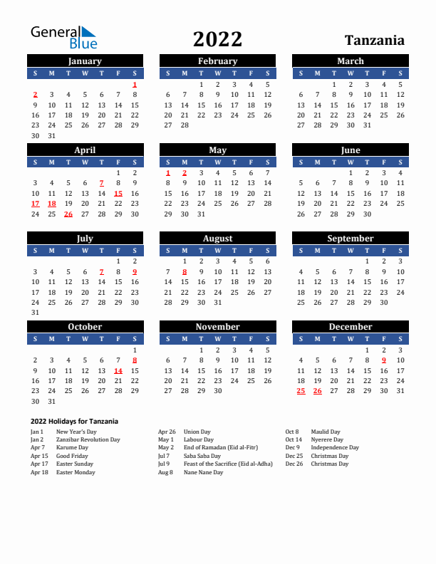 2022 Tanzania Holiday Calendar