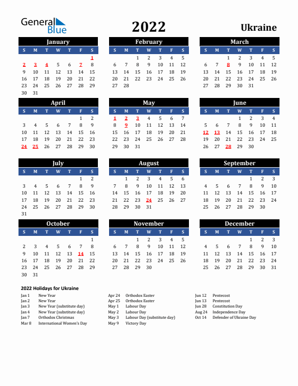 2022 Ukraine Holiday Calendar