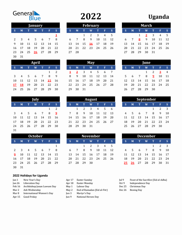 2022 Uganda Holiday Calendar