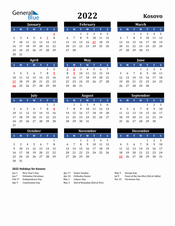 2022 Kosovo Holiday Calendar