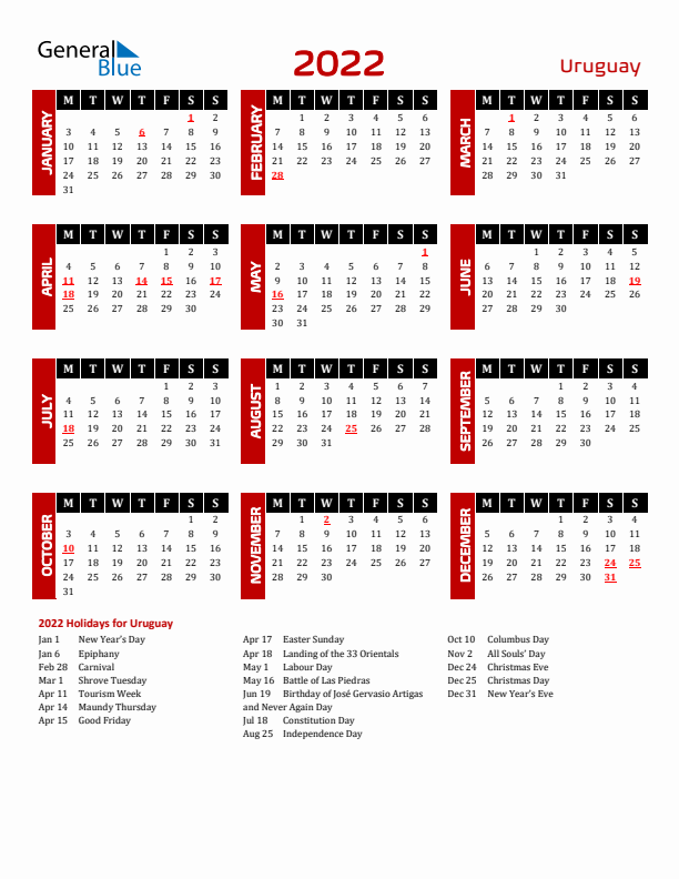 Download Uruguay 2022 Calendar - Monday Start