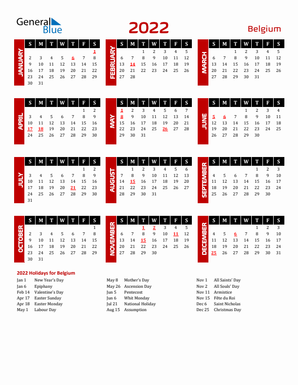 Download Belgium 2022 Calendar - Sunday Start