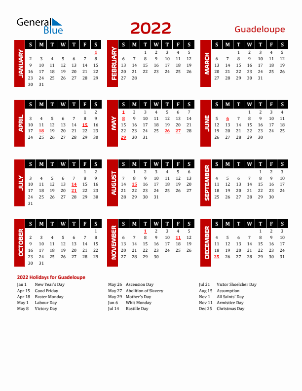 Download Guadeloupe 2022 Calendar - Sunday Start