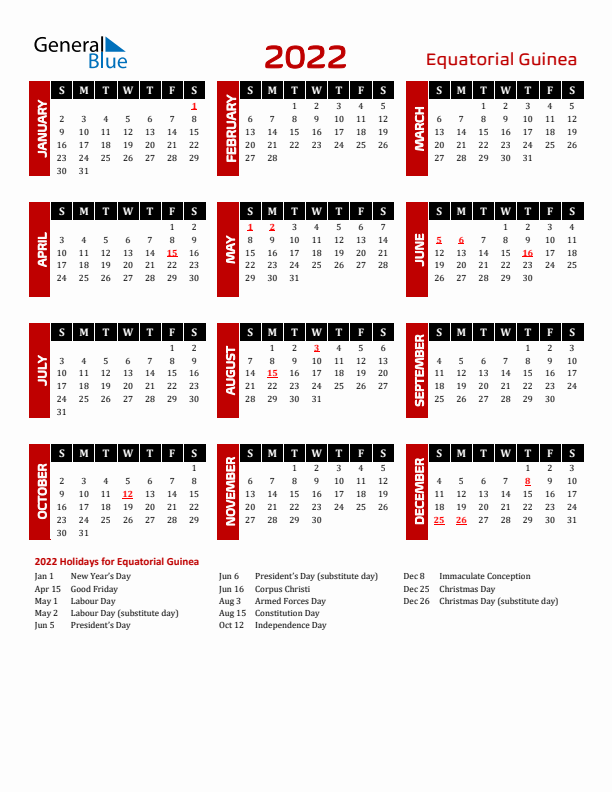 Download Equatorial Guinea 2022 Calendar - Sunday Start