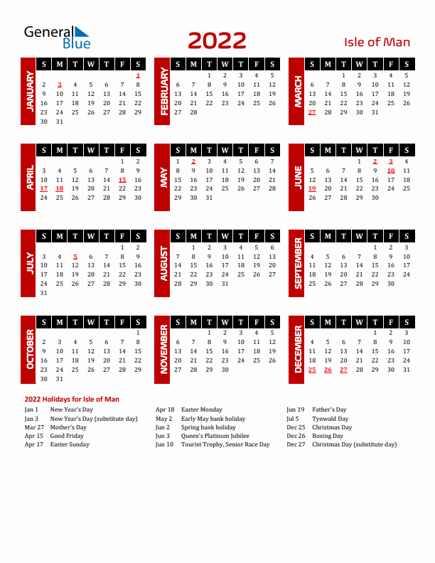 Download Isle of Man 2022 Calendar - Sunday Start