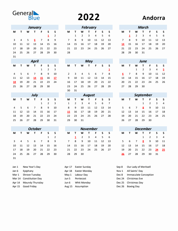 2022 Calendar for Andorra with Holidays