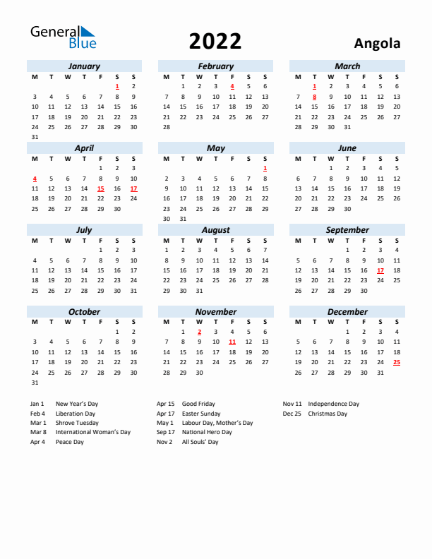 2022 Calendar for Angola with Holidays