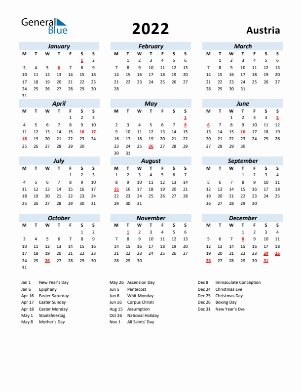 2022 Calendar for Austria with Holidays