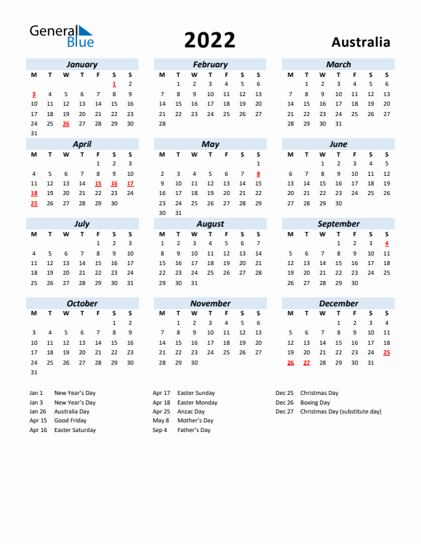 2022 Calendar for Australia with Holidays