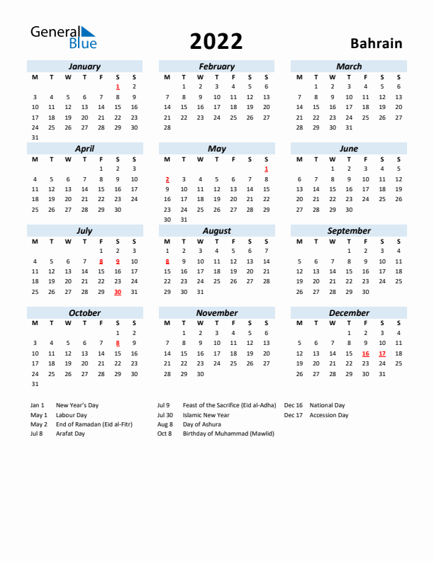 2022 Calendar for Bahrain with Holidays