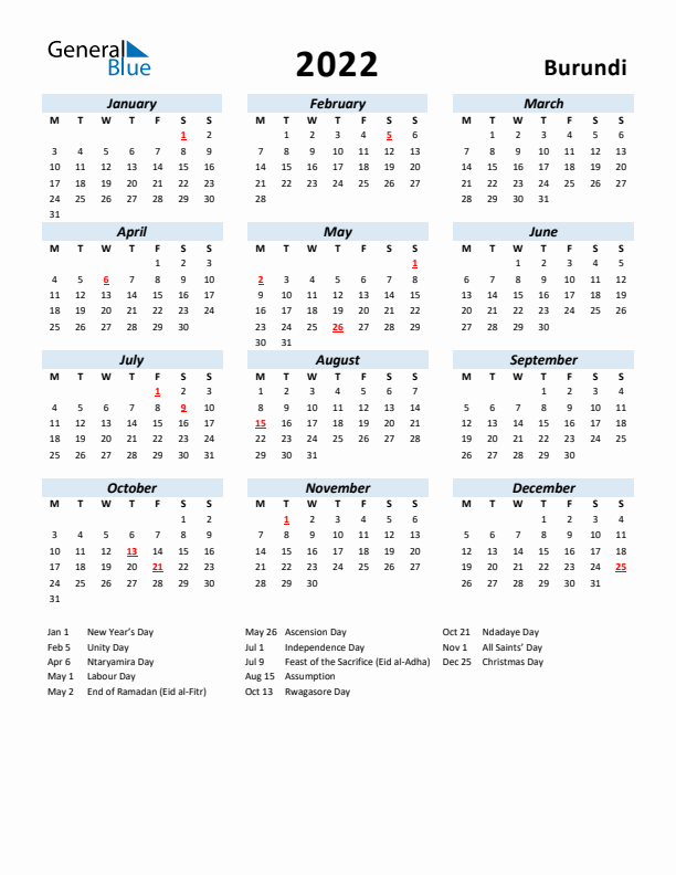 2022 Calendar for Burundi with Holidays