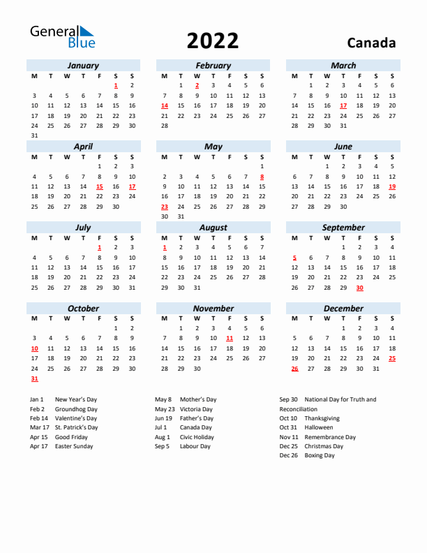 2022 Calendar for Canada with Holidays