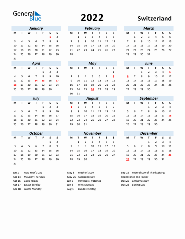 2022 Calendar for Switzerland with Holidays