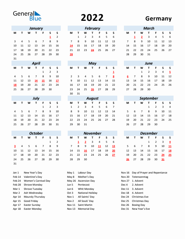 2022 Calendar for Germany with Holidays