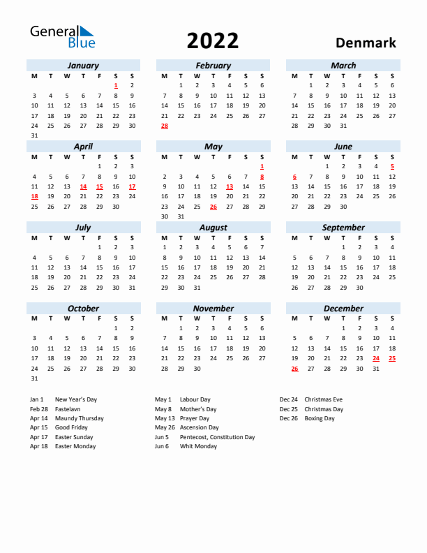 2022 Calendar for Denmark with Holidays