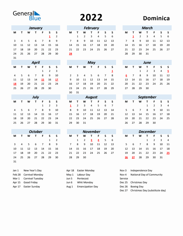 2022 Calendar for Dominica with Holidays