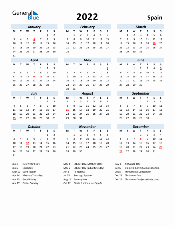 2022 Calendar for Spain with Holidays