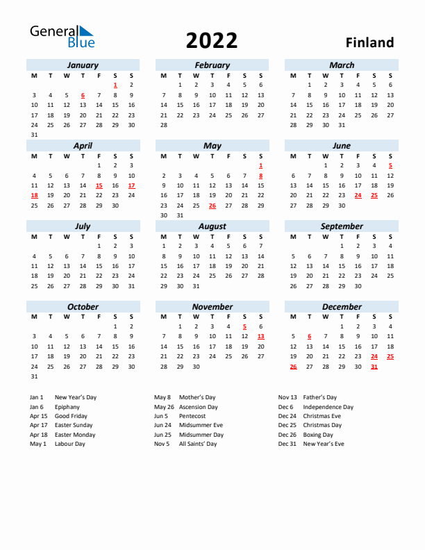 2022 Calendar for Finland with Holidays