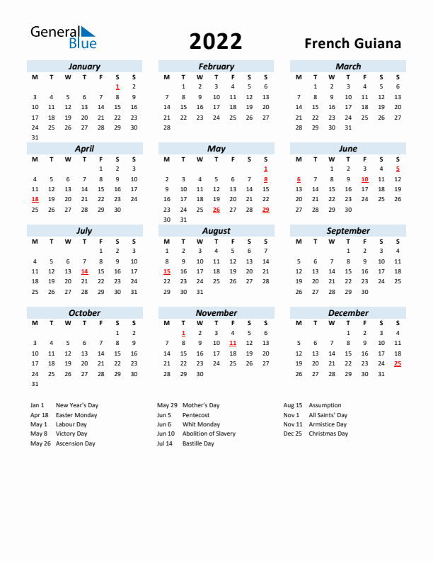 2022 Calendar for French Guiana with Holidays