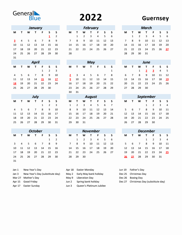 2022 Calendar for Guernsey with Holidays