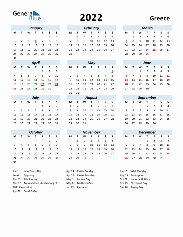 2022 Calendar for Greece with Holidays