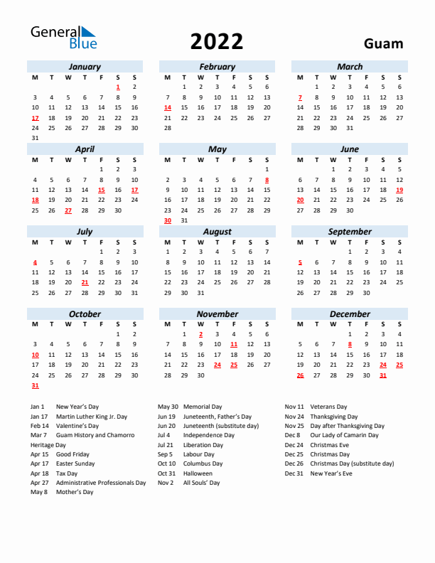 2022 Calendar for Guam with Holidays