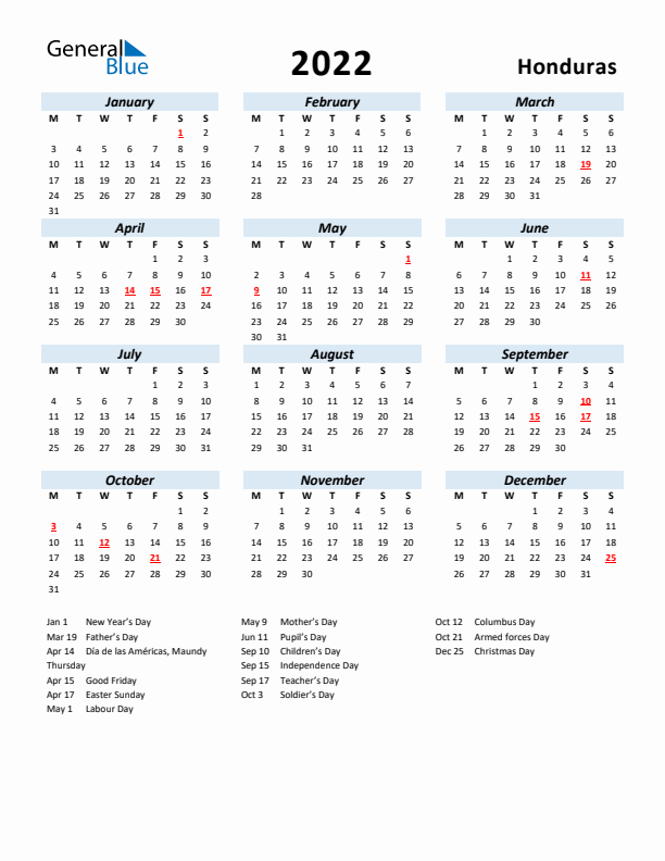 2022 Calendar for Honduras with Holidays