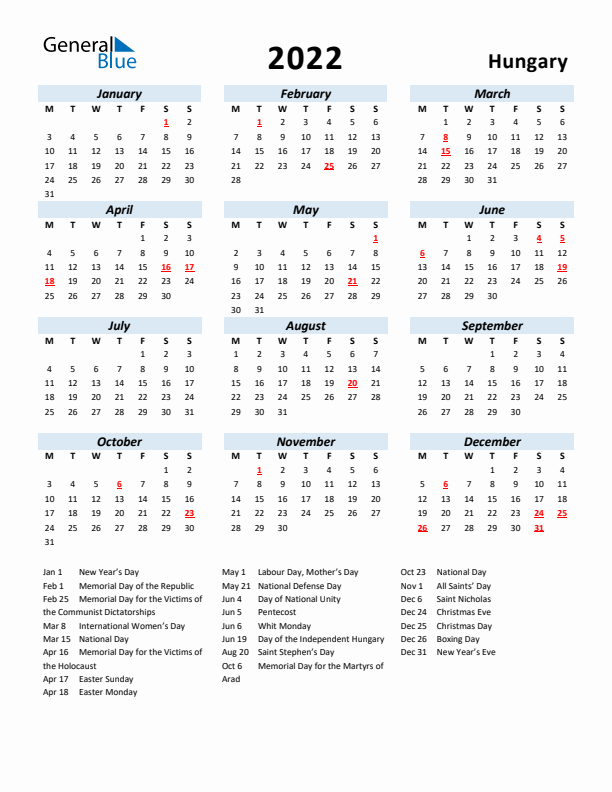 2022 Calendar for Hungary with Holidays