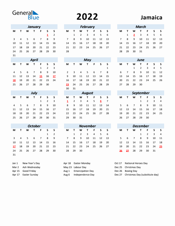 2022 Calendar for Jamaica with Holidays