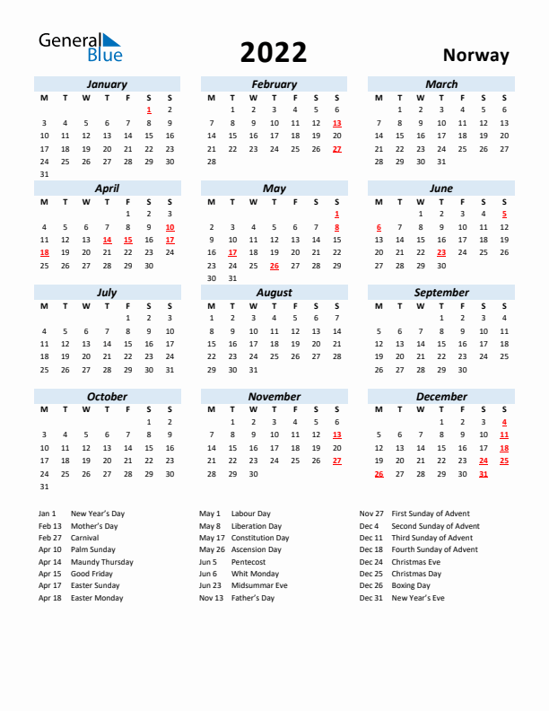 2022 Calendar for Norway with Holidays