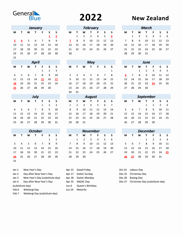 2022 Calendar for New Zealand with Holidays