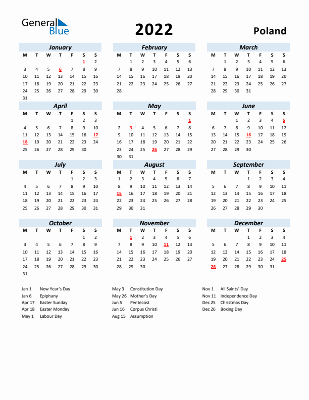 2022 Calendar for Poland with Holidays