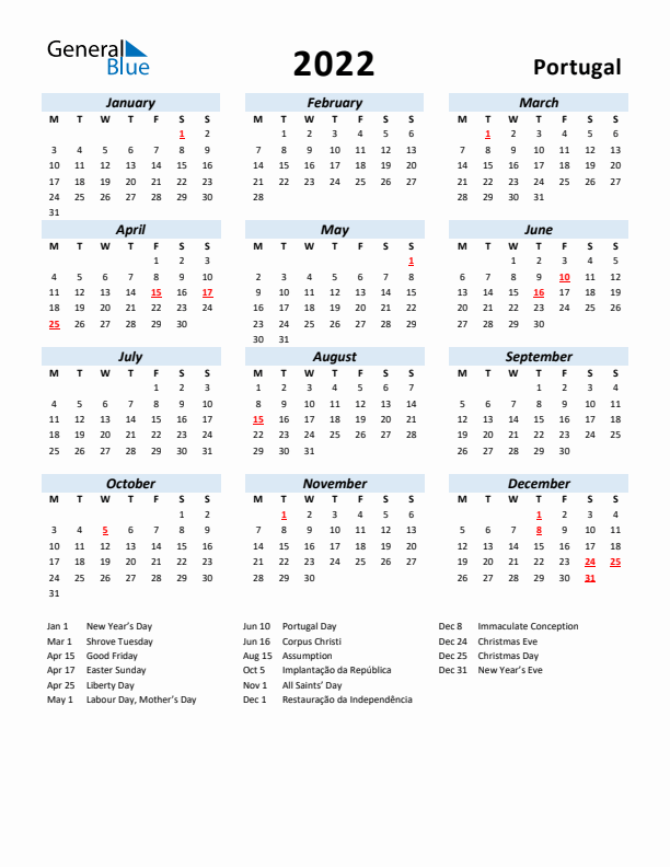 2022 Calendar for Portugal with Holidays